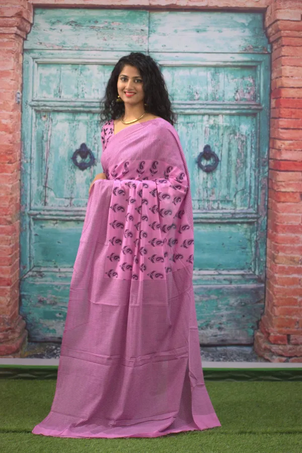 Elegant_Pink_Booti_Printed_Saree_with_Striped_Border