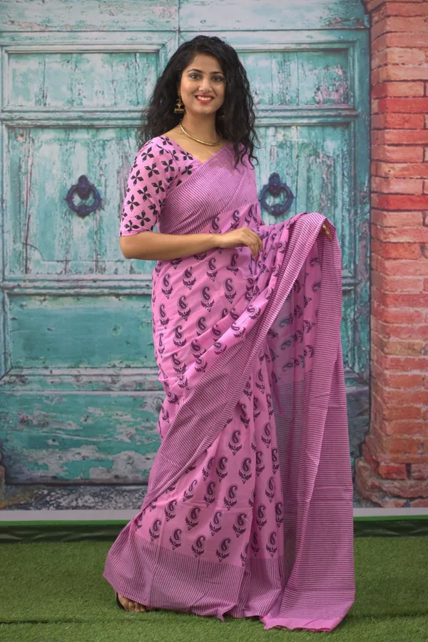 Elegant_Pink_Booti_Printed_Saree_with_Striped_Border