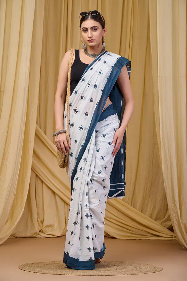 Elegant_White_&_Navy_Blue_Star_Printed_Cotton_Saree_|_Designer_Traditional_Saree_for_Women