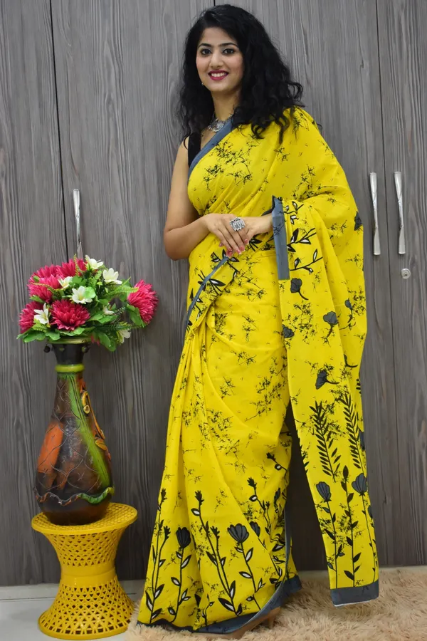 Golden_Bloom_Floral_Printed_Cotton_Saree_with_Grey_Border