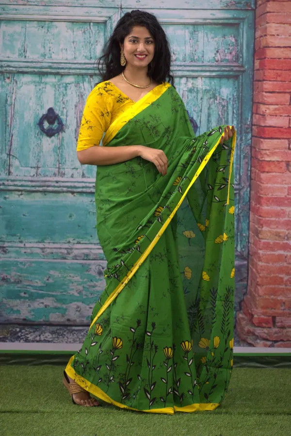 Green_Floral_Print_Cotton_Saree_with_Yellow_Border