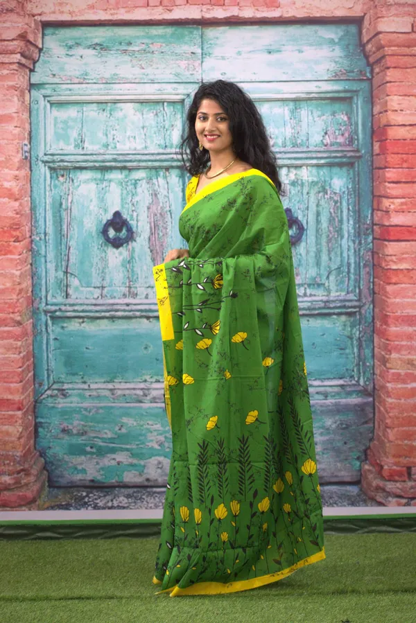 Green_Floral_Print_Cotton_Saree_with_Yellow_Border