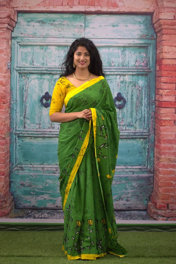 Green_Floral_Print_Cotton_Saree_with_Yellow_Border