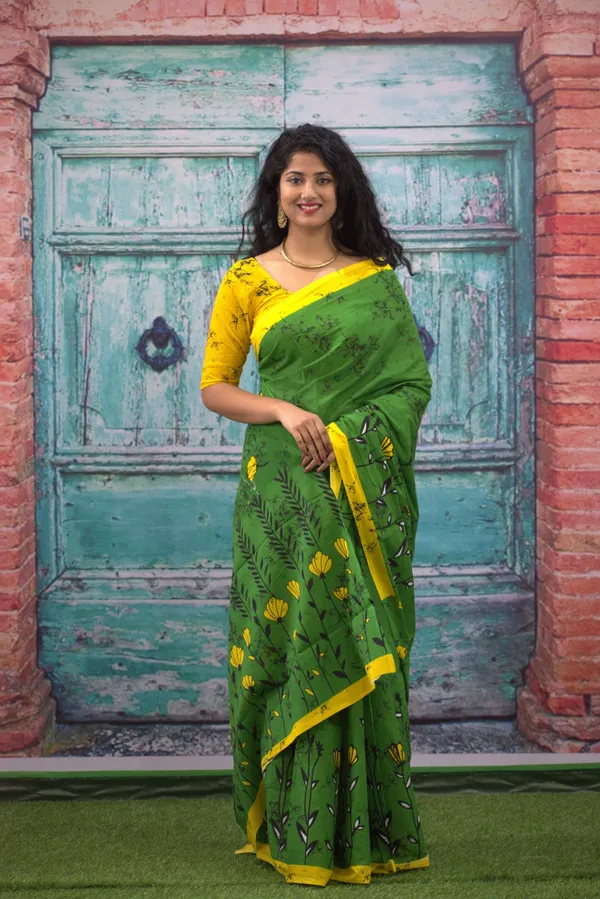 Green_Floral_Print_Cotton_Saree_with_Yellow_Border