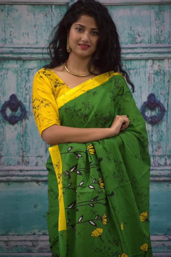 Green_Floral_Print_Cotton_Saree_with_Yellow_Border