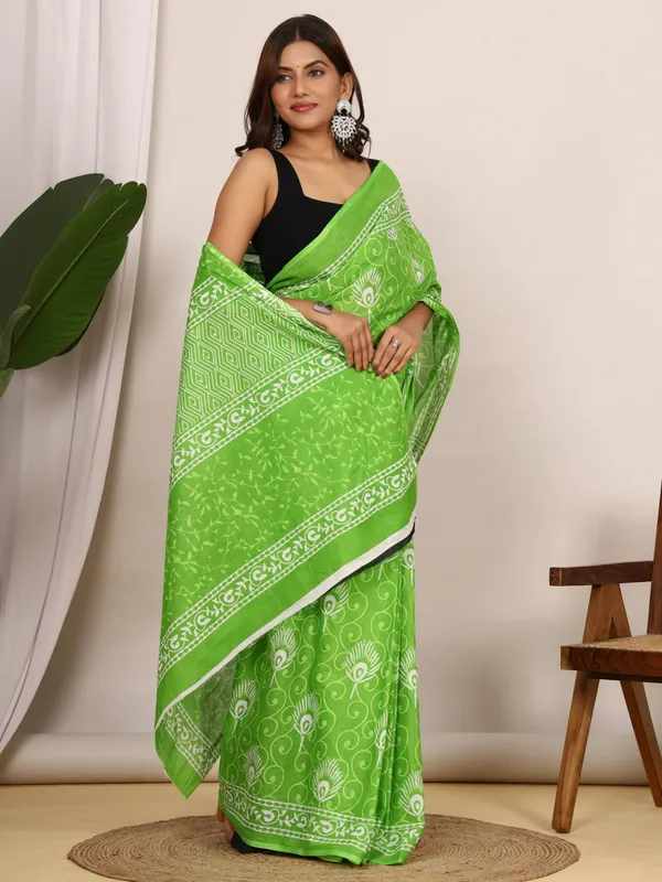 Green_Peacock_Printed_Cotton_Saree_with_Ethnic_Border_|_Elegant_Designer_Cotton_Saree_for_Women