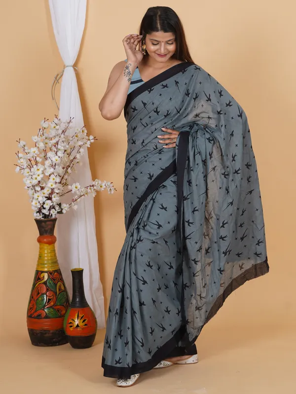 Grey_Bird_Print_Cotton_Saree_with_Black_Border