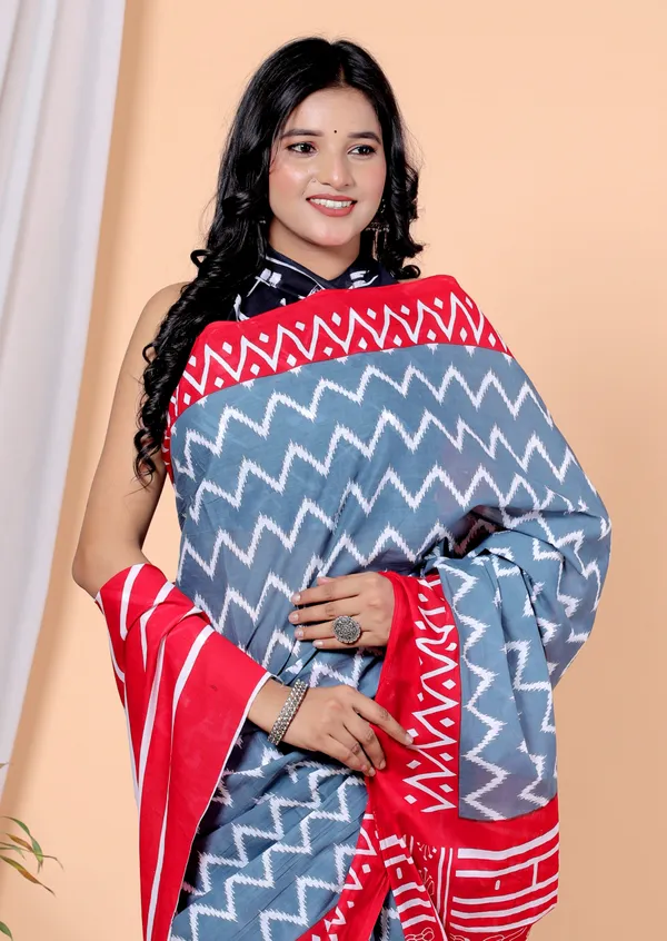 Grey_Zigzag_Printed_Cotton_Saree_with_Red_Border_|_Stylish_Designer_Cotton_Saree_for_Women