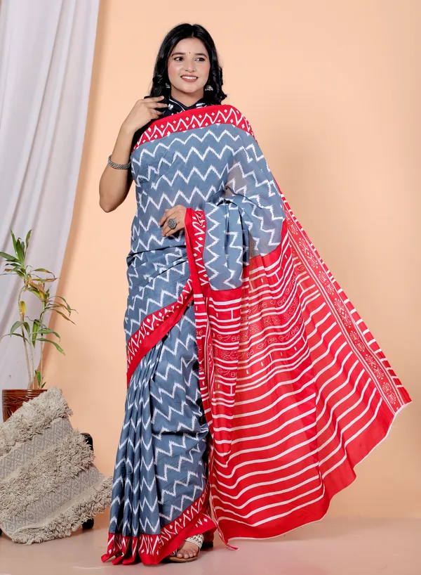 Grey_Zigzag_Printed_Cotton_Saree_with_Red_Border_|_Stylish_Designer_Cotton_Saree_for_Women