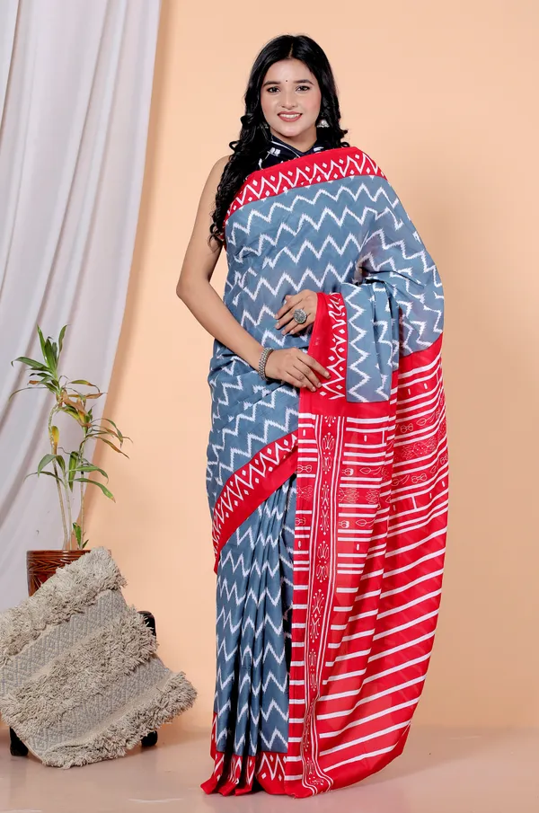 Grey_Zigzag_Printed_Cotton_Saree_with_Red_Border_|_Stylish_Designer_Cotton_Saree_for_Women