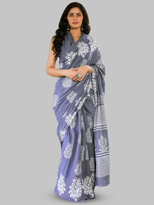 Grey_&_White_Floral_Buta_Printed_Cotton_Saree_|_Elegant_Ethnic_Printed_Saree_for_Women