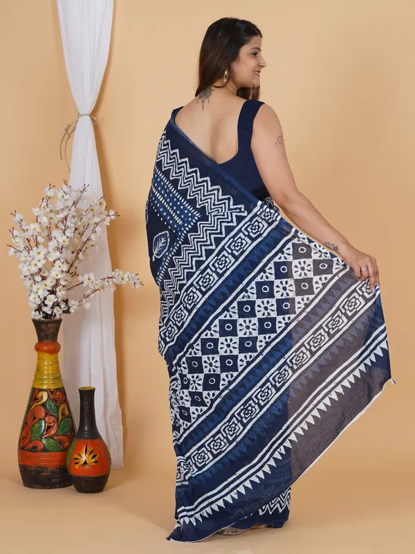 Indigo_Blue_Floral_Printed_Cotton_Saree_with_Border