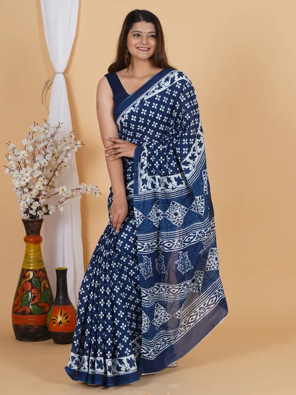 Indigo_Blue_Floral_Printed_Cotton_Saree_with_Border