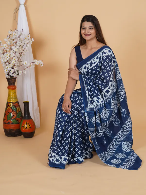 Indigo_Blue_Floral_Printed_Cotton_Saree_with_Border