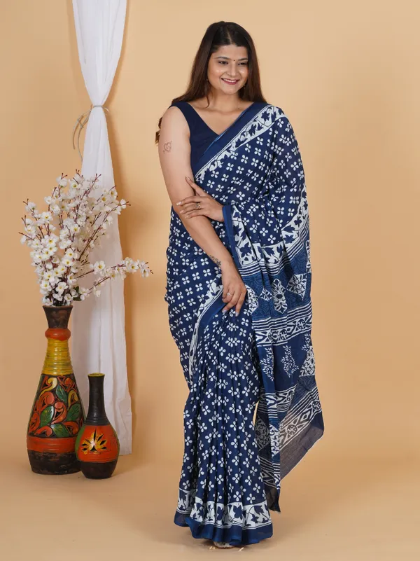 Indigo_Blue_Floral_Printed_Cotton_Saree_with_Border