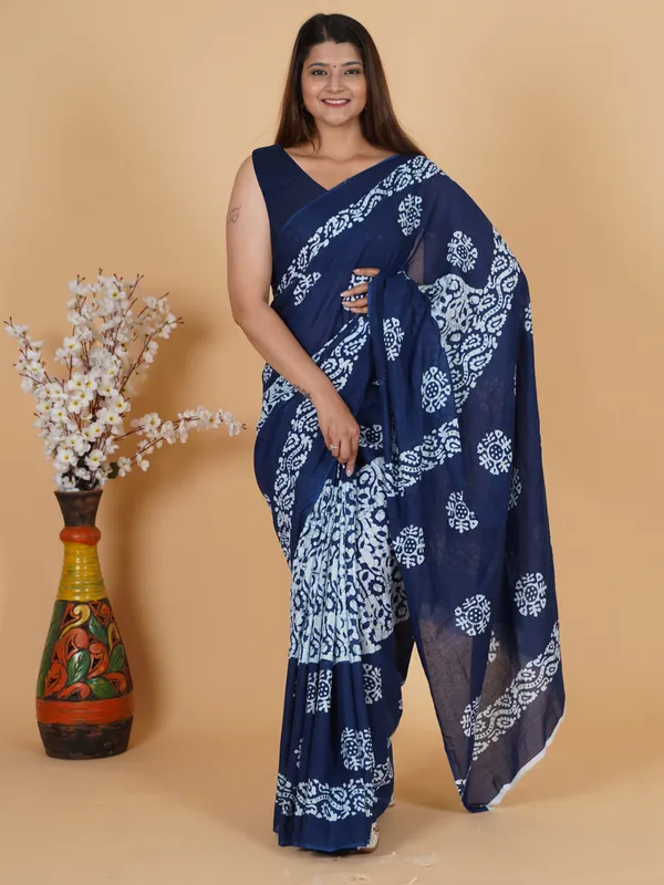 Indigo_Blue_Hand-Block_Print_Cotton_Saree_with_Unstitched_Blouse