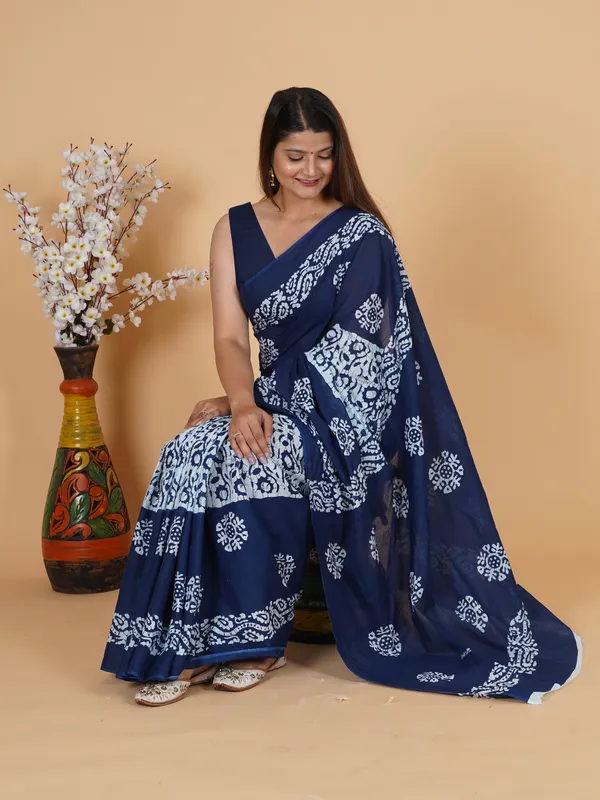 Indigo_Blue_Hand-Block_Print_Cotton_Saree_with_Unstitched_Blouse