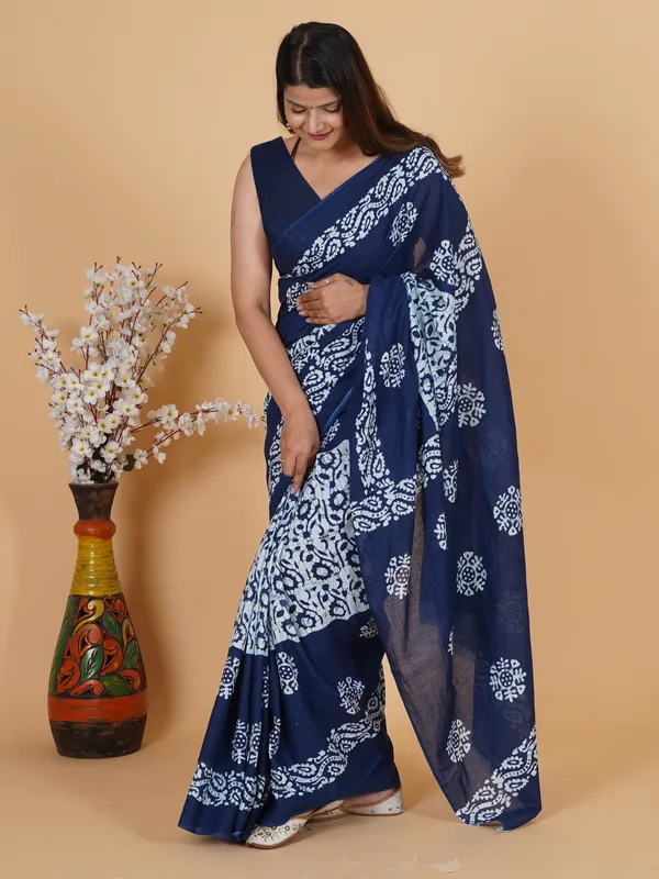 Indigo_Blue_Hand-Block_Print_Cotton_Saree_with_Unstitched_Blouse