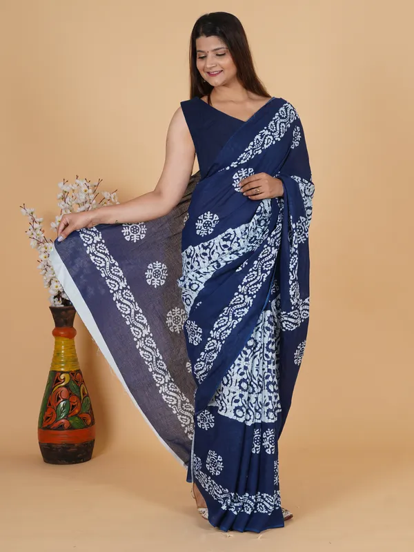 Indigo_Blue_Hand-Block_Print_Cotton_Saree_with_Unstitched_Blouse