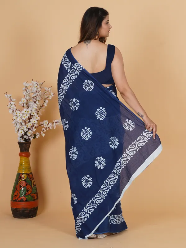 Indigo_Blue_Hand-Block_Print_Cotton_Saree_with_Unstitched_Blouse