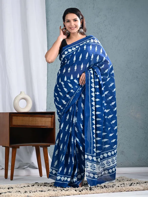 Indigo_Blue_Leaf_Printed_Cotton_Saree_for_Women_|_Traditional_Block_Print_Soft_Cotton_Saree_|_Elegant_Ethnic_Wear