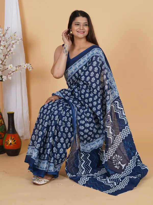 Indigo_Hand_Block_Print_Cotton_Saree_with_Traditional_Floral_Motif