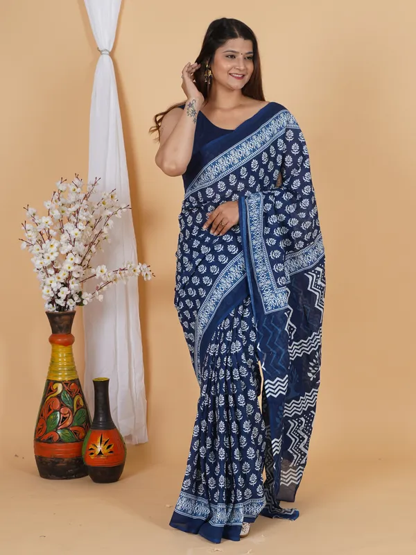Indigo_Hand_Block_Print_Cotton_Saree_with_Traditional_Floral_Motif