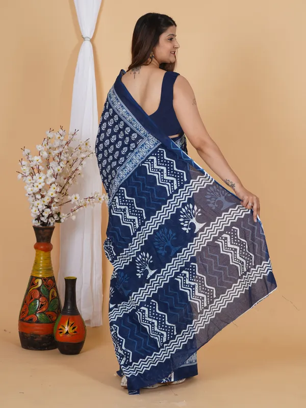 Indigo_Hand_Block_Print_Cotton_Saree_with_Traditional_Floral_Motif