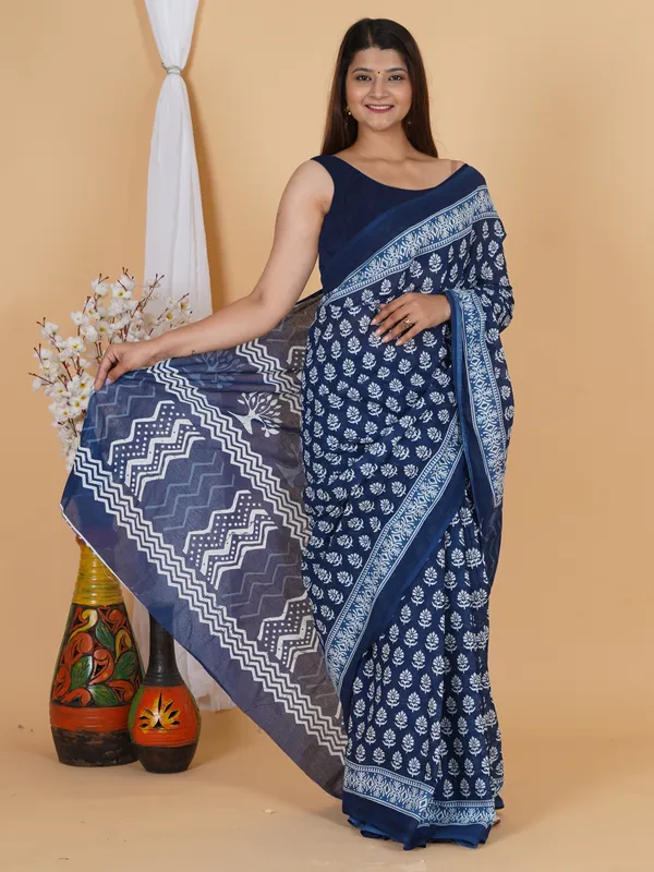 Indigo_Hand_Block_Print_Cotton_Saree_with_Traditional_Floral_Motif