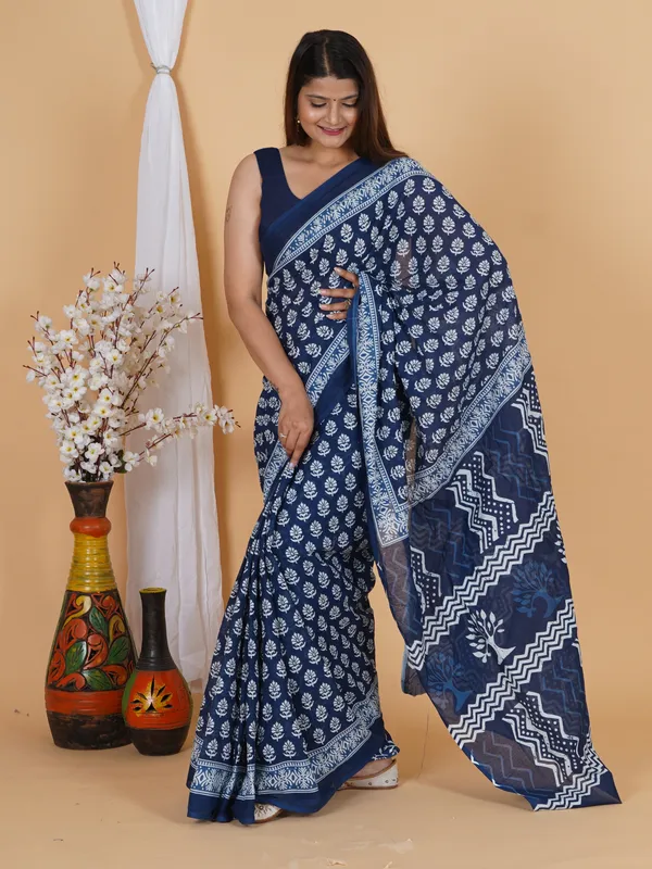 Indigo_Hand_Block_Print_Cotton_Saree_with_Traditional_Floral_Motif