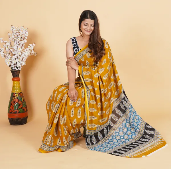 Mustard_Yellow_Printed_Saree_with_Contrast_Border_&_Designer_Blouse