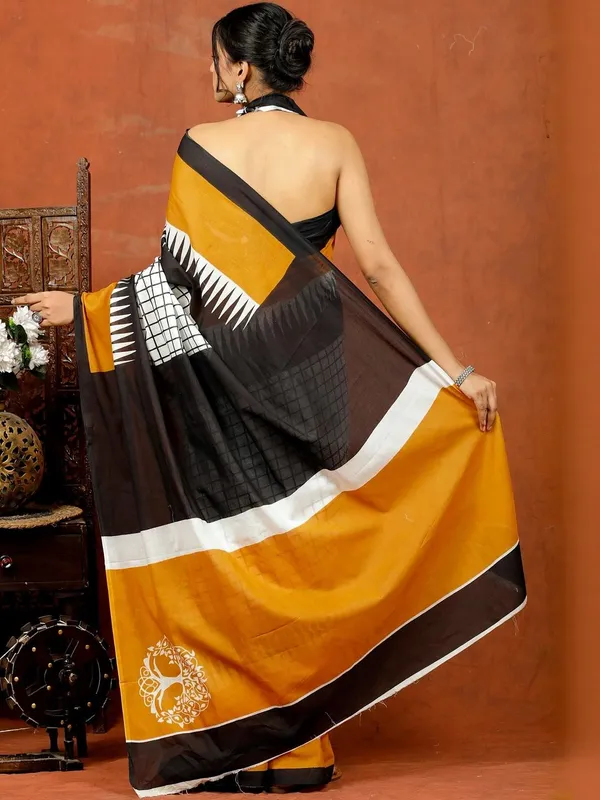 Mustard_Yellow,_Black_&_White_Checkered_Printed_Cotton_Saree_|_Designer_Soft_Cotton_Saree_for_Women_|_Modern_Ethnic_Wear