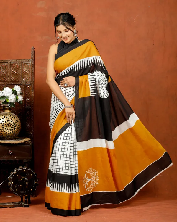 Mustard_Yellow,_Black_&_White_Checkered_Printed_Cotton_Saree_|_Designer_Soft_Cotton_Saree_for_Women_|_Modern_Ethnic_Wear