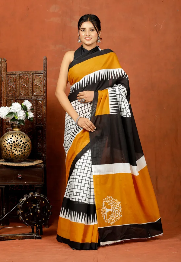 Mustard_Yellow,_Black_&_White_Checkered_Printed_Cotton_Saree_|_Designer_Soft_Cotton_Saree_for_Women_|_Modern_Ethnic_Wear