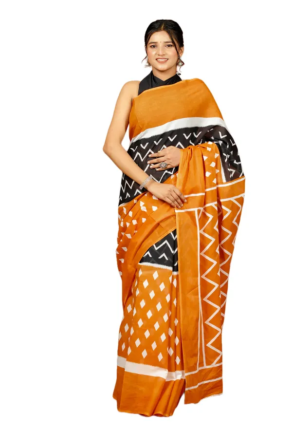Mustard_Yellow_&_Black_Handloom_Ikat_Print_Cotton_Saree_with_Elegant_Border_|_Softspun_Fabrics