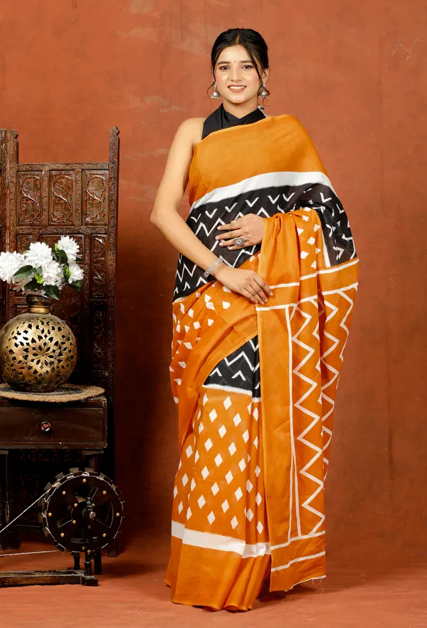 Mustard_Yellow_&_Black_Handloom_Ikat_Print_Cotton_Saree_with_Elegant_Border_|_Softspun_Fabrics