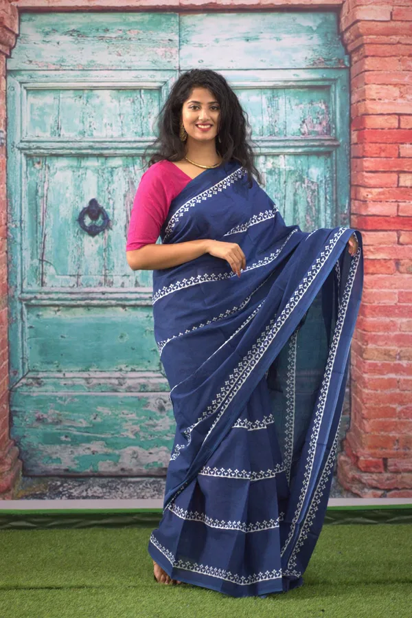 Navy_Blue_Jaali_Print_Cotton_Saree_with_Elegant_Border