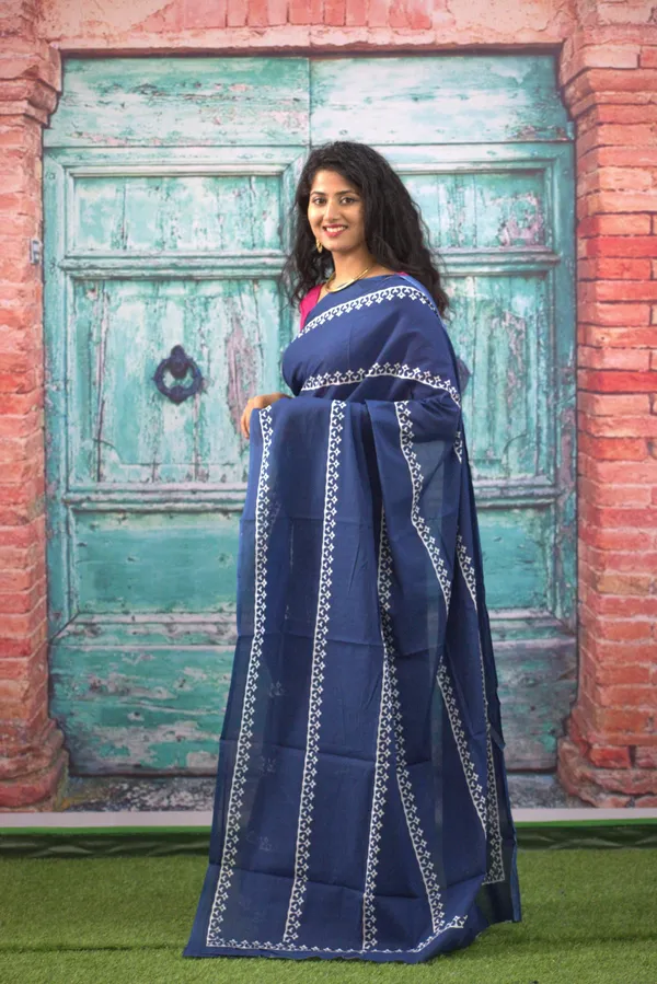 Navy_Blue_Jaali_Print_Cotton_Saree_with_Elegant_Border