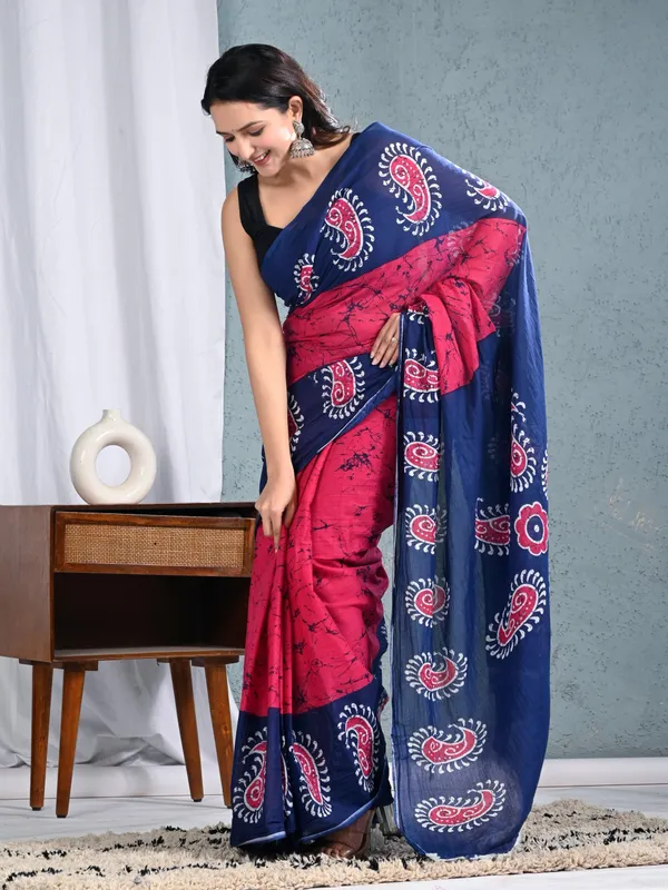 Navy_Blue_&_Pink_Paisley_Printed_Cotton_Saree_for_Women_|_Designer_Soft_Cotton_Ethnic_Saree_|_Traditional_Indian_Wear
