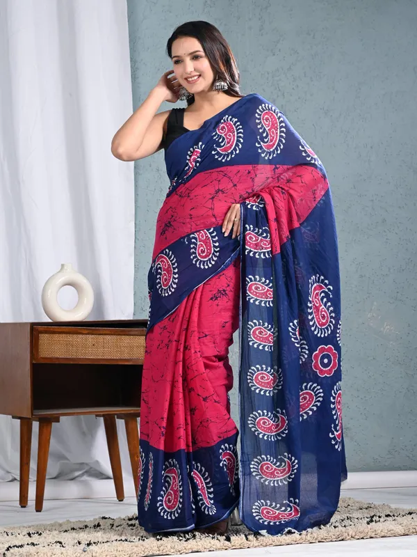 Navy_Blue_&_Pink_Paisley_Printed_Cotton_Saree_for_Women_|_Designer_Soft_Cotton_Ethnic_Saree_|_Traditional_Indian_Wear