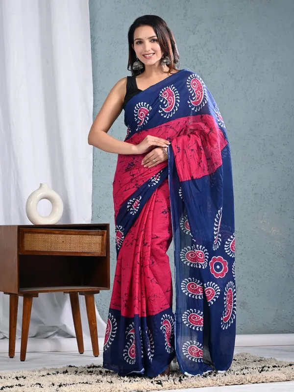 Navy_Blue_&_Pink_Paisley_Printed_Cotton_Saree_for_Women_|_Designer_Soft_Cotton_Ethnic_Saree_|_Traditional_Indian_Wear