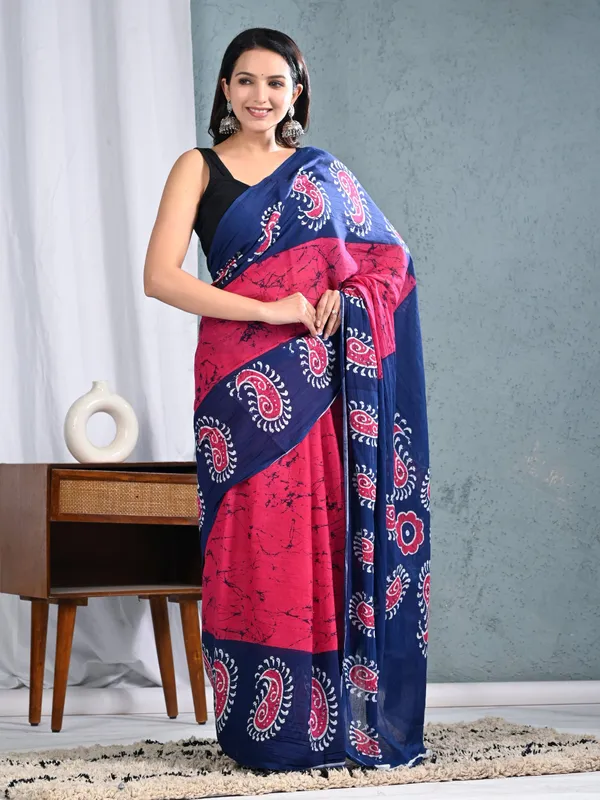 Navy_Blue_&_Pink_Paisley_Printed_Cotton_Saree_for_Women_|_Designer_Soft_Cotton_Ethnic_Saree_|_Traditional_Indian_Wear