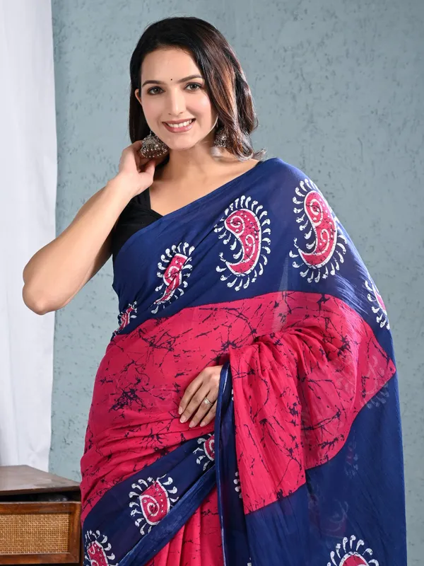 Navy_Blue_&_Pink_Paisley_Printed_Cotton_Saree_for_Women_|_Designer_Soft_Cotton_Ethnic_Saree_|_Traditional_Indian_Wear