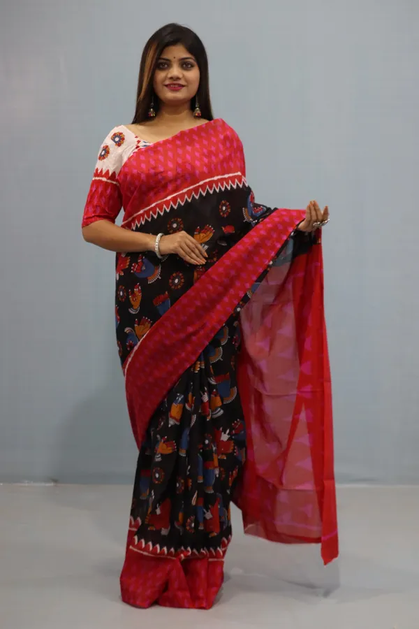 Red_&_Black_Tribal_Print_Designer_Cotton_Saree_with_Contrast_Border