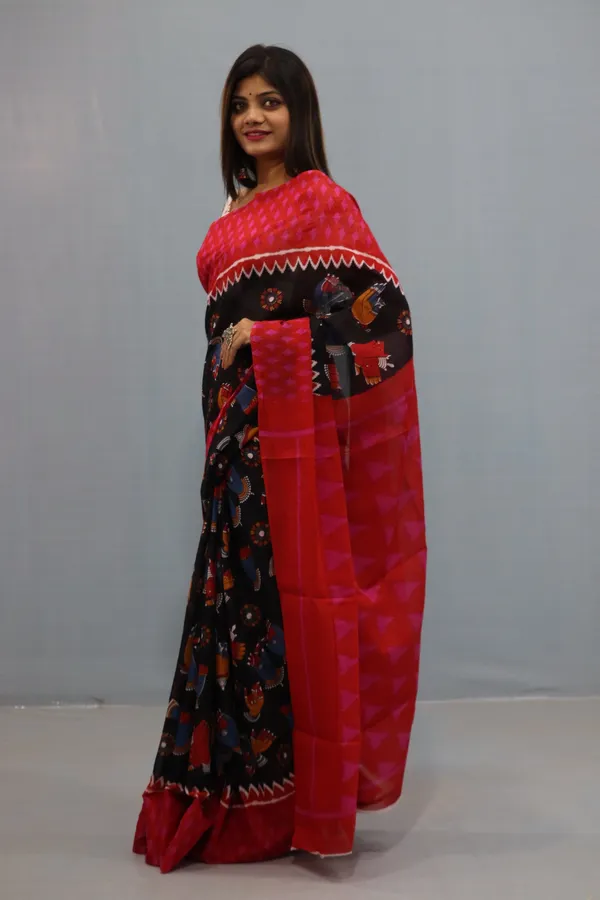 Red_&_Black_Tribal_Print_Designer_Cotton_Saree_with_Contrast_Border