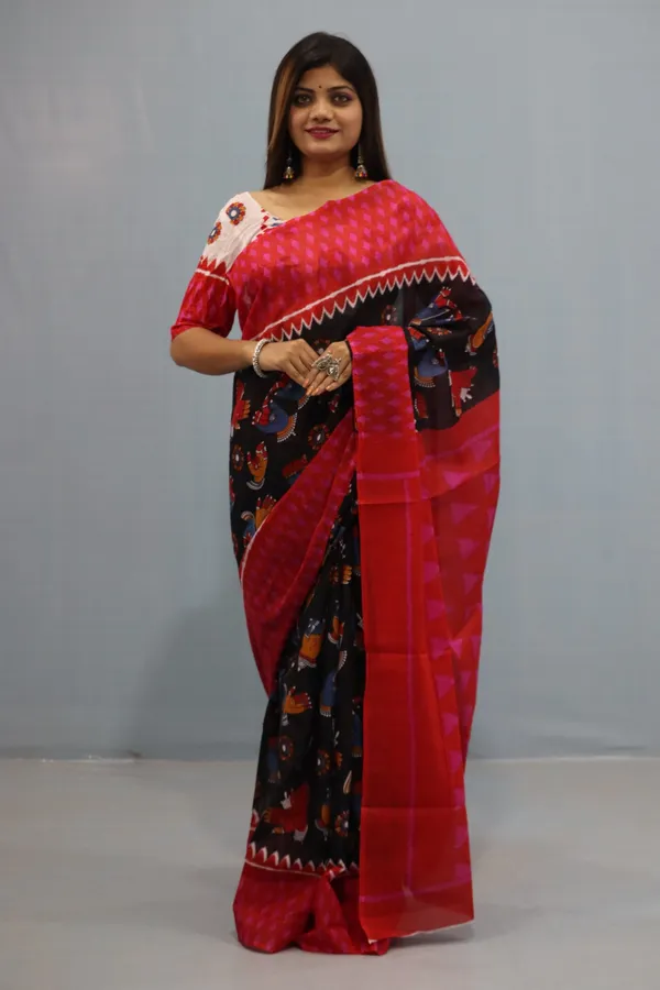 Red_&_Black_Tribal_Print_Designer_Cotton_Saree_with_Contrast_Border