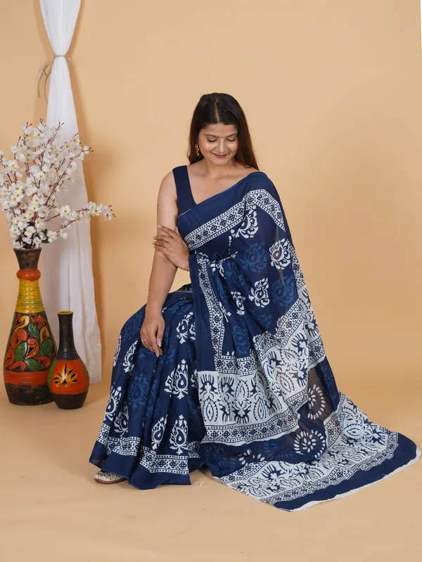 Royal_Indigo_Floral_Printed_Cotton_Saree_with_Traditional_Border