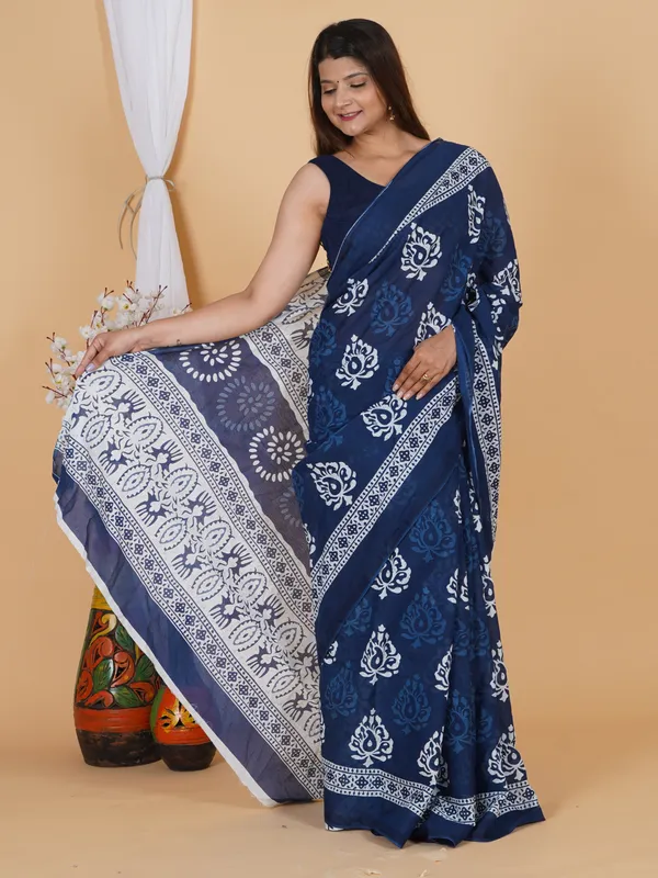 Royal_Indigo_Floral_Printed_Cotton_Saree_with_Traditional_Border