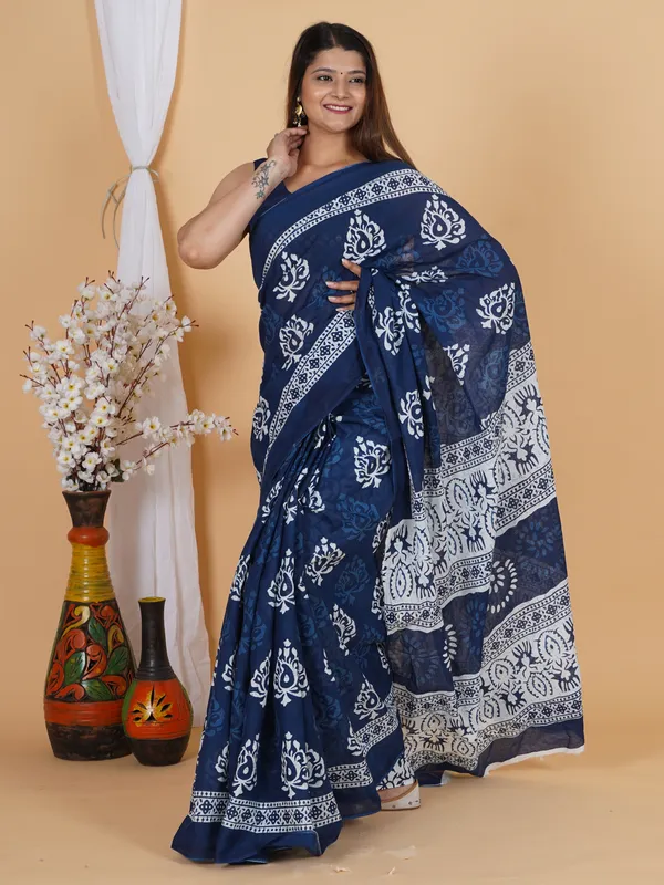 Royal_Indigo_Floral_Printed_Cotton_Saree_with_Traditional_Border