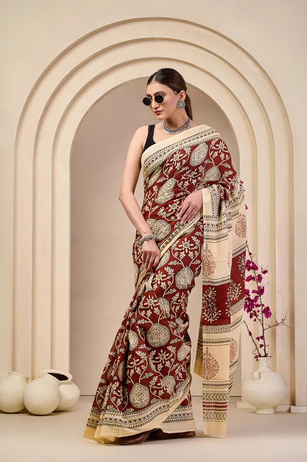 Royal_Maroon_Floral_Printed_Cotton_Saree_with_Beige_Border_|_Designer_Traditional_Ethnic_Saree_for_Women